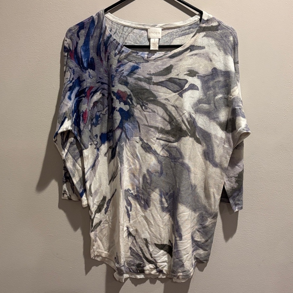 Chico's Abstract Long Sleeve Top in Blue and Gray